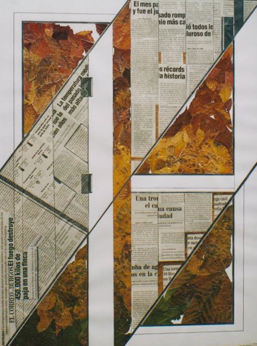 3- lectura y paisaje a través de la ventana-verano 2003- cubismo-sintético-hojas y peridico del tiempo